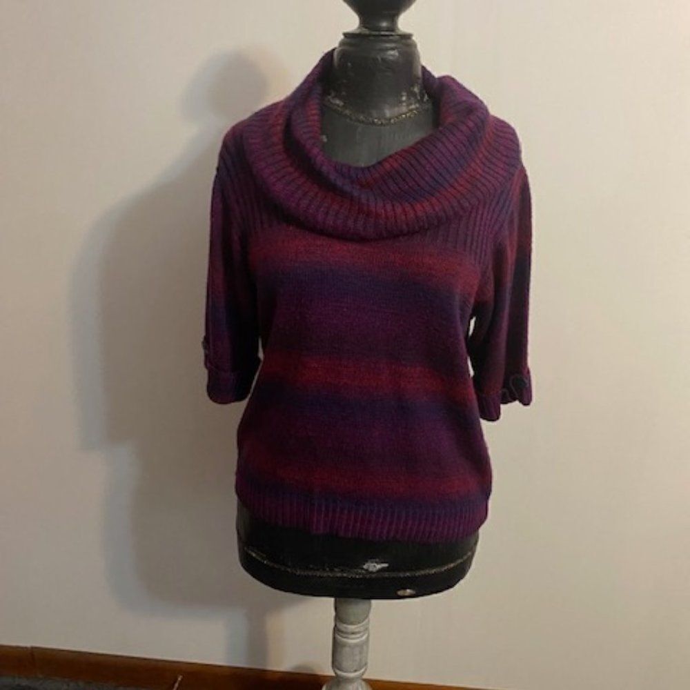 Ruby Rd. Favorites Burgundy/Purple stripe cowl neck 3/4 sleeve sweater, size L